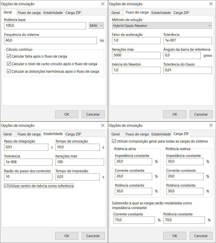 Configurações de simulação