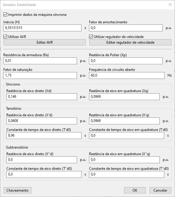Formulário de estabilidade dos geradores síncronos no PSP-UFU